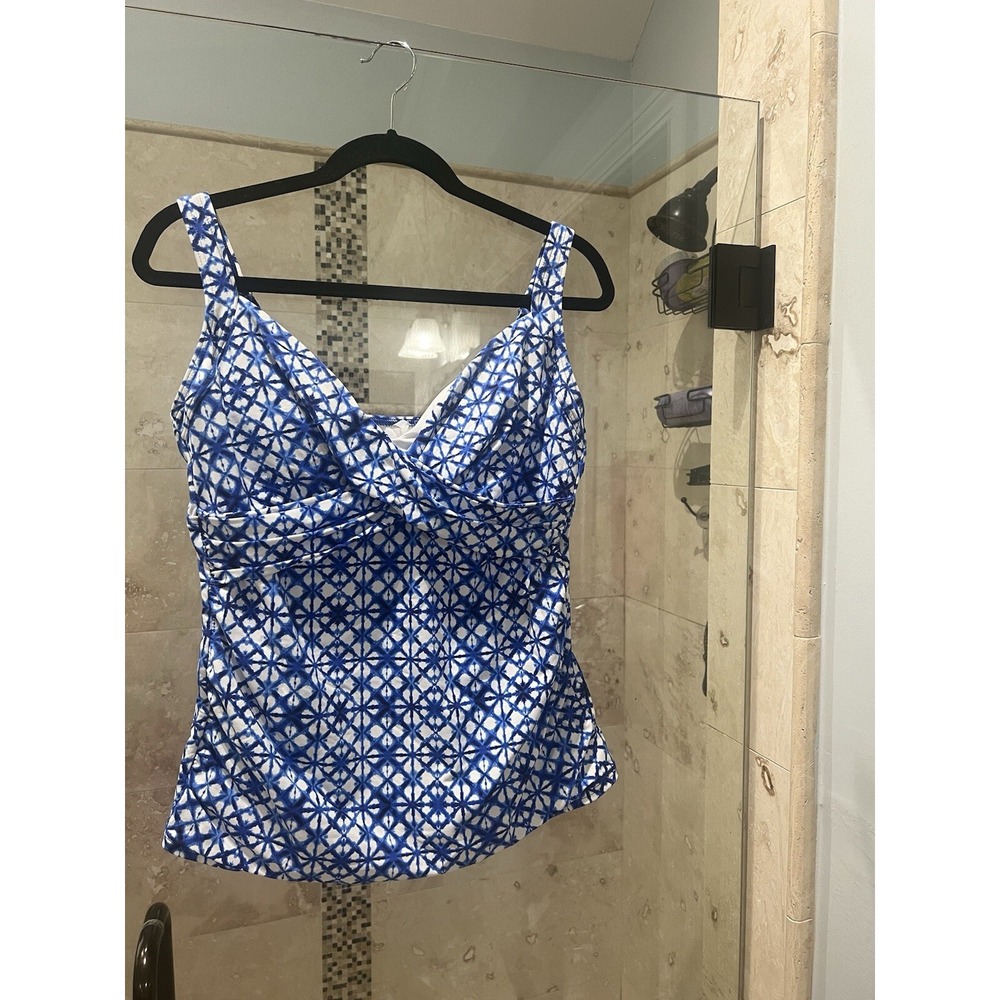 Lands End Wrap Underwire Tummy Control Tankini Swimsuit Top White Blue 12